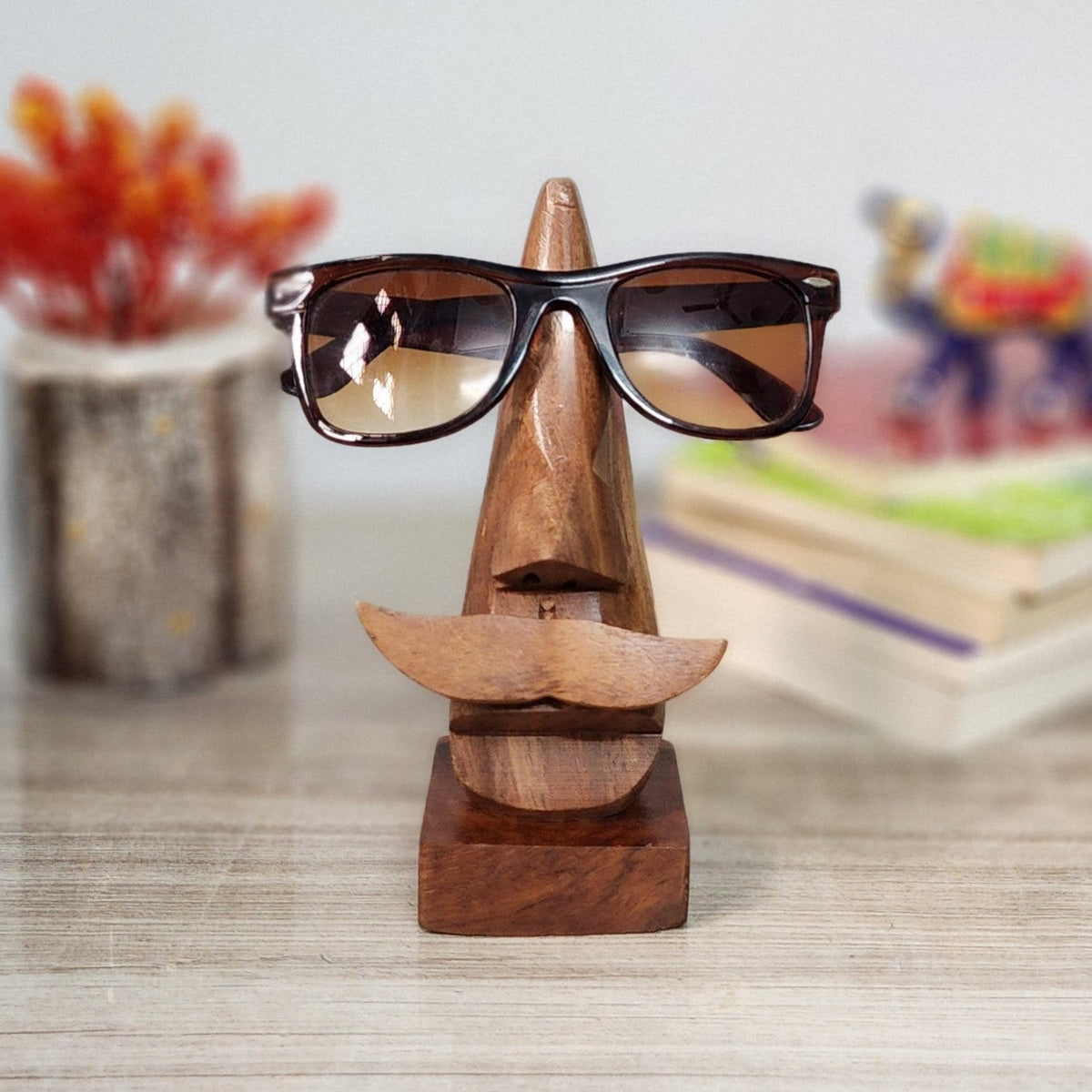 Handmade Wooden Nose Shaped Spectacle Holder Stand with Brown Moustache – Table Decor on Brown Living™. SKU: 1323. Img 1.