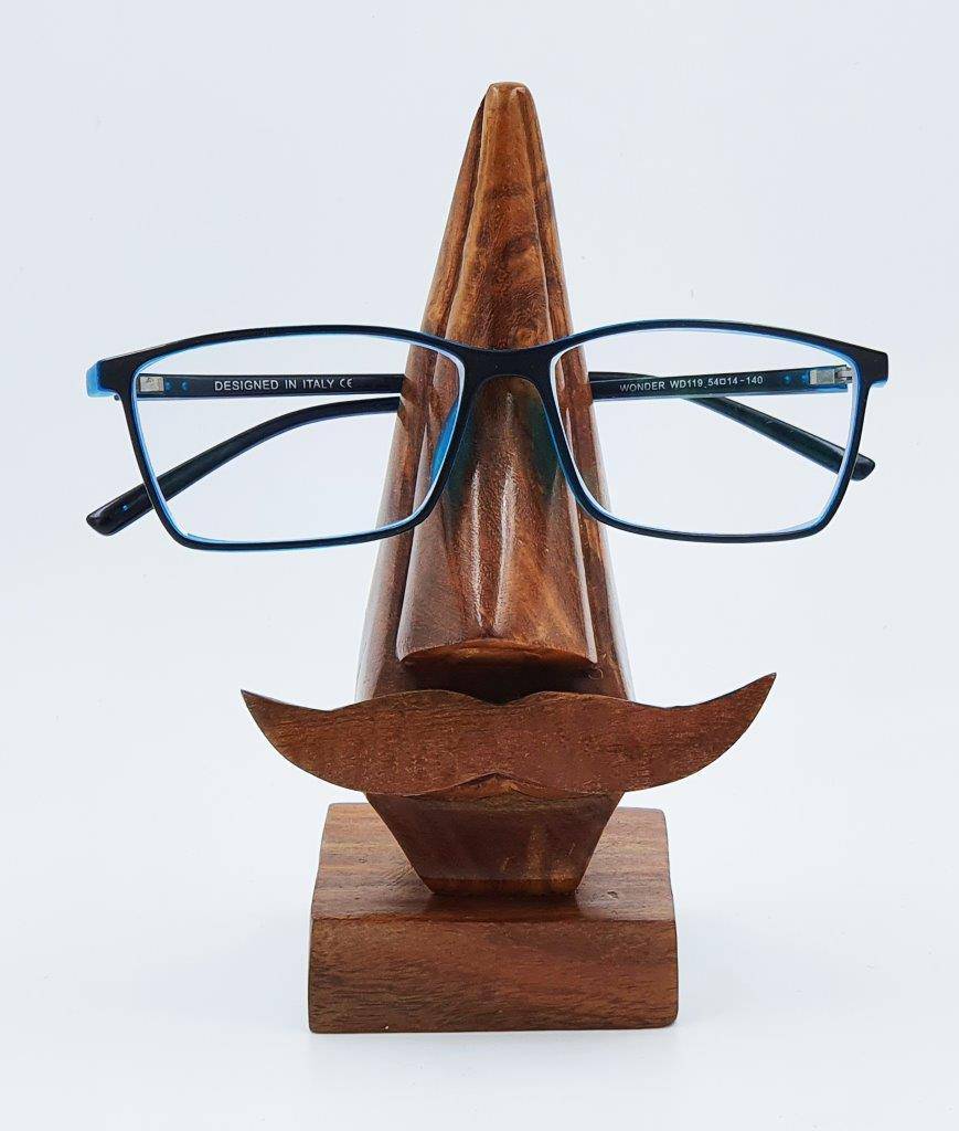 Wooden Nose Shaped Sunglasses Holder Stand with Brown Mustache – Womens Eyewear on Brown Living™. SKU: 1118. Img 1.