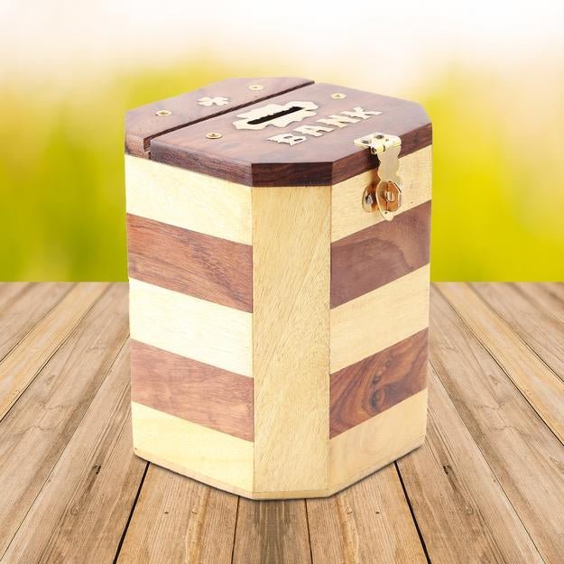 Handmade Wooden Piggy Bank for Kids and Adults with Vintage Design – Piggy Banks & Money Jars on Brown Living™. SKU: 1301. Img 1.