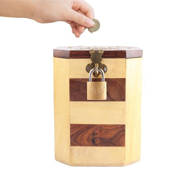 Handmade Wooden Piggy Bank for Kids and Adults with Vintage Design – Piggy Banks & Money Jars on Brown Living™. SKU: 1301. Img 2.