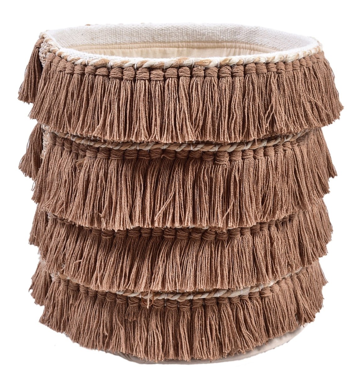 Harmony Fringe Jute and Cotton Basket – Baskets & Boxes on Brown Living™. SKU: TGW310002. Img 1.