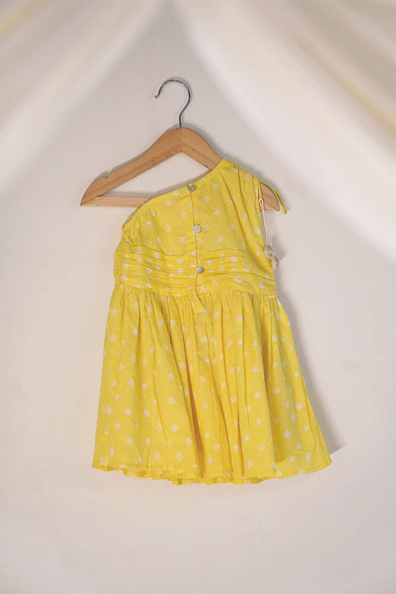 Head Over Heels' One Shoulder Bandhani Girls Dress In Yellow | Verified Sustainable by Brown Living™