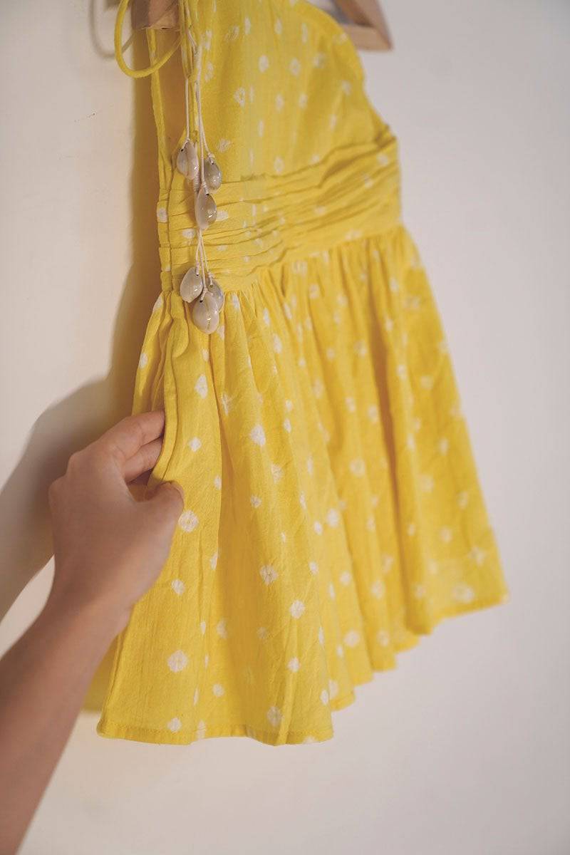 Head Over Heels' One Shoulder Bandhani Girls Dress In Yellow | Verified Sustainable by Brown Living™
