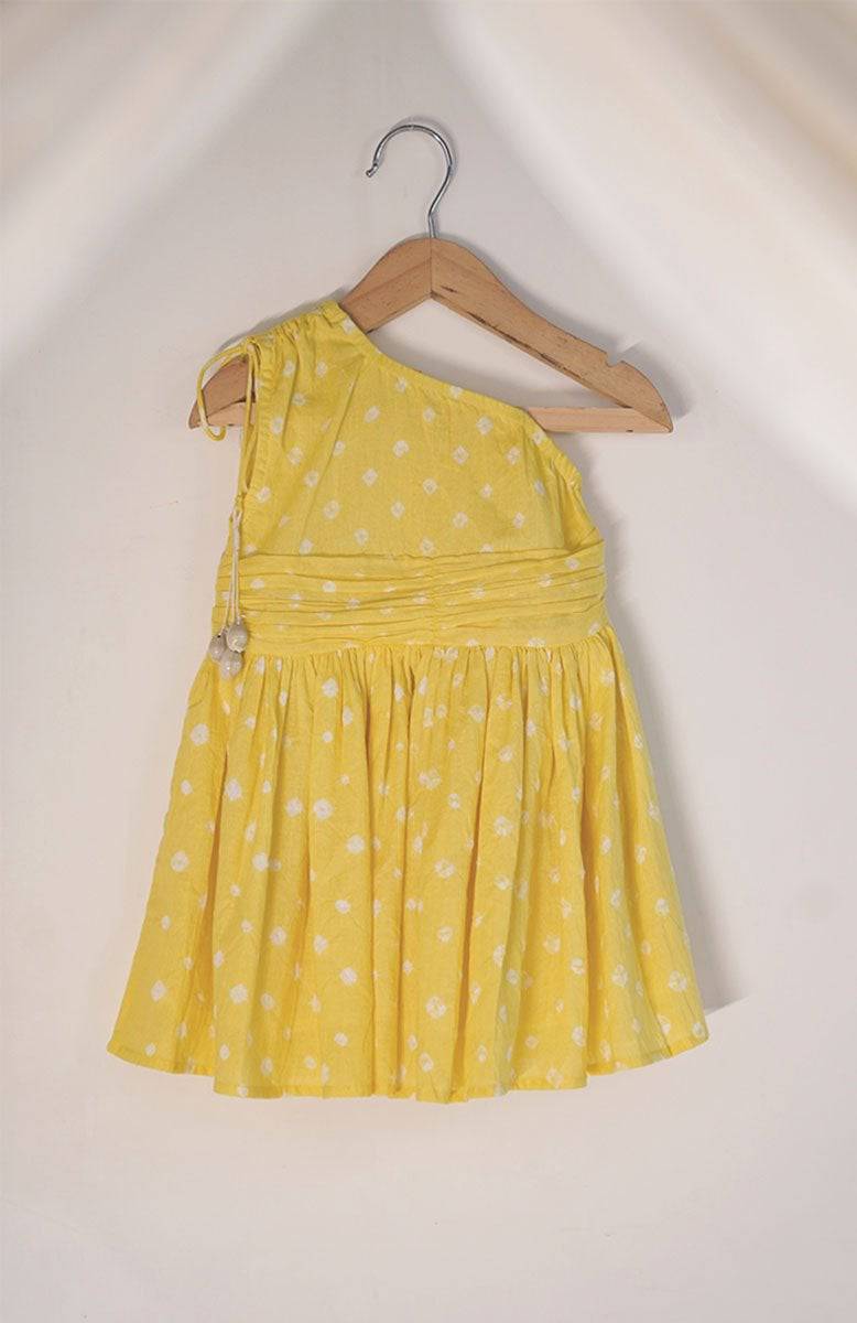 Head Over Heels' One Shoulder Bandhani Girls Dress In Yellow | Verified Sustainable by Brown Living™