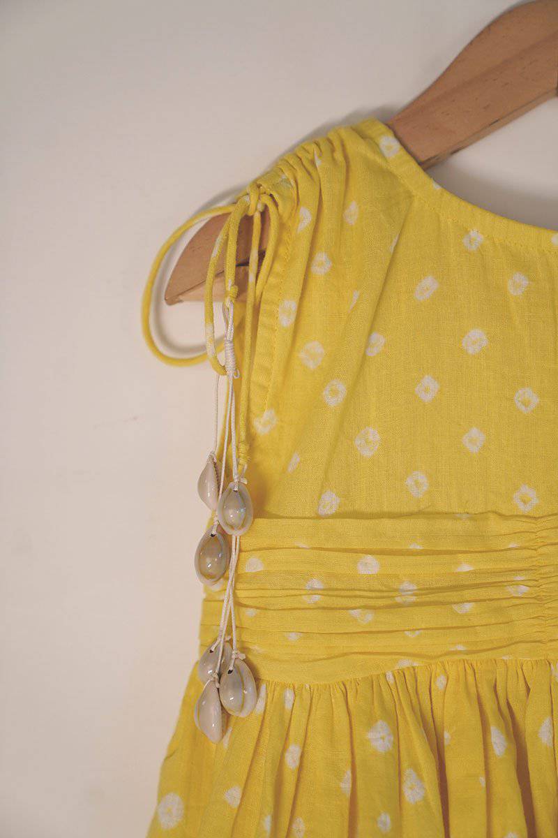 Head Over Heels' One Shoulder Bandhani Girls Dress In Yellow | Verified Sustainable by Brown Living™