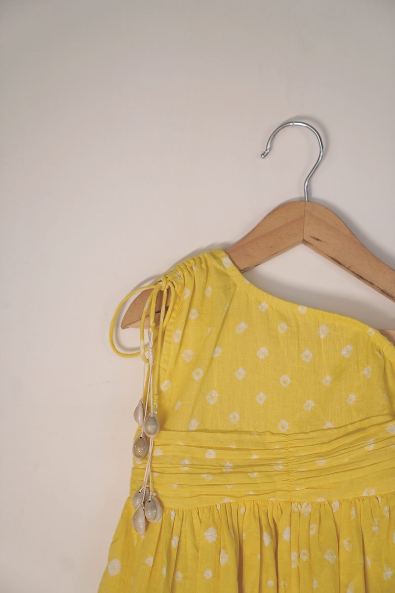 Head Over Heels' One Shoulder Bandhani Girls Dress In Yellow | Verified Sustainable by Brown Living™