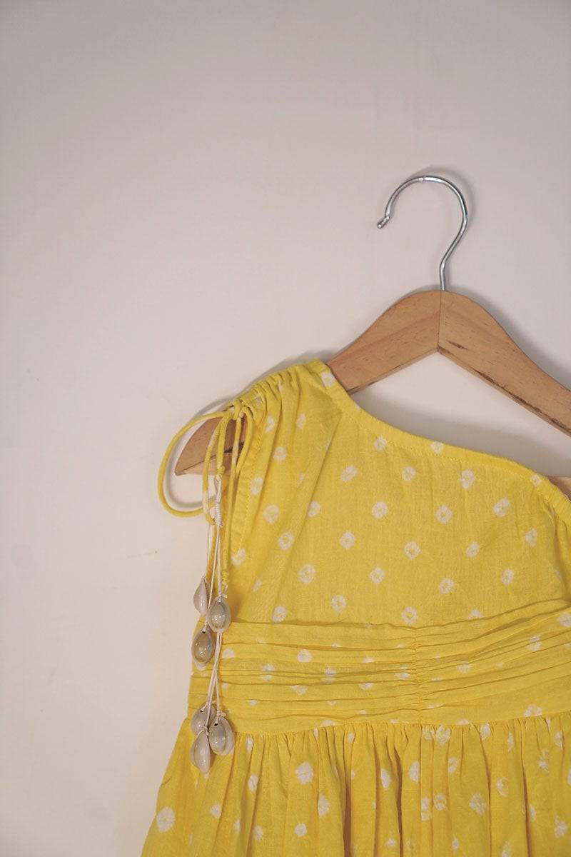 Head Over Heels' One Shoulder Bandhani Girls Dress In Yellow | Verified Sustainable by Brown Living™