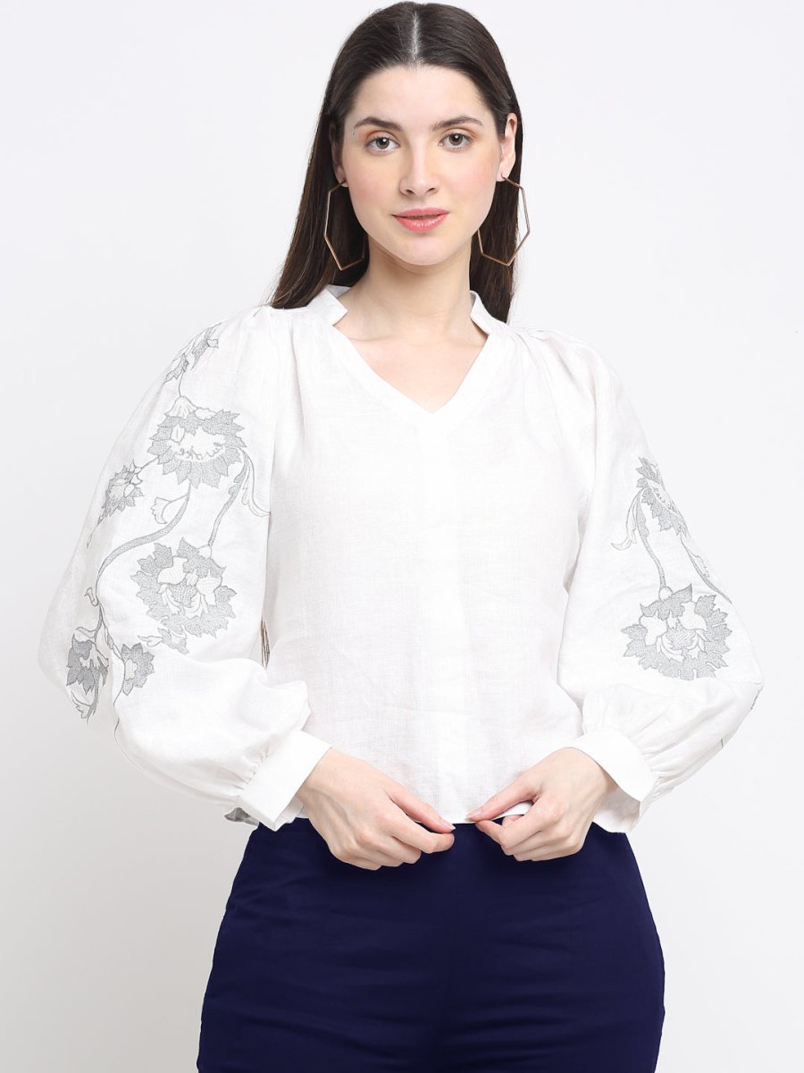 Hemp Embroidered White Top | Verified Sustainable by Brown Living™