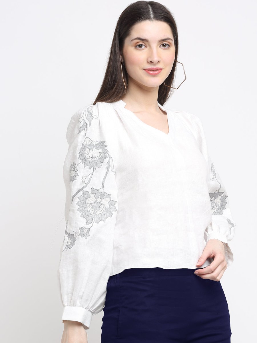 Hemp Embroidered White Top | Verified Sustainable by Brown Living™