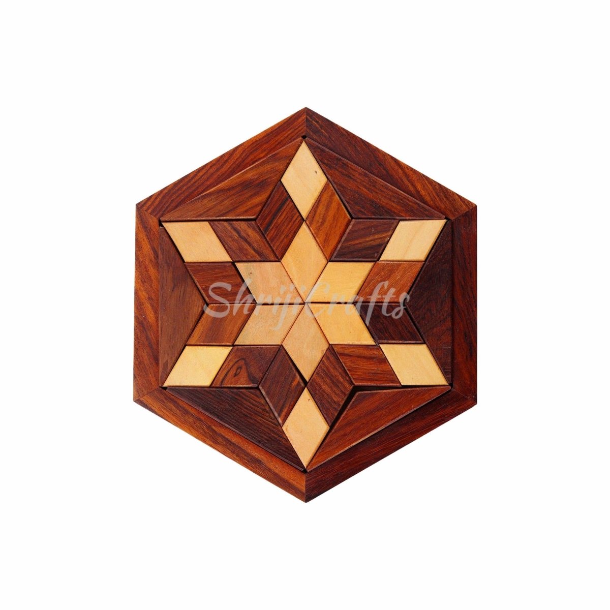 Handmade Hexagonal Wood Tangram Puzzle Game (6 - inch by 6 - inch) – Learning & Educational Toys on Brown Living™. SKU: 1015403. Img 1.
