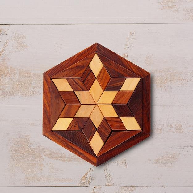 Handmade Hexagonal Wood Tangram Puzzle Game (6 - inch by 6 - inch) – Learning & Educational Toys on Brown Living™. SKU: 1015403. Img 5.