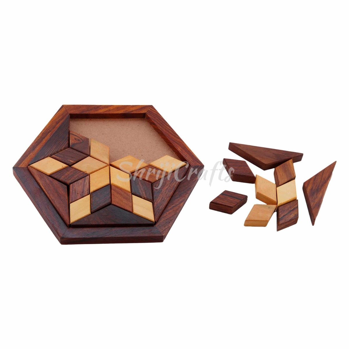 Handmade Hexagonal Wood Tangram Puzzle Game (6 - inch by 6 - inch) – Learning & Educational Toys on Brown Living™. SKU: 1015403. Img 2.