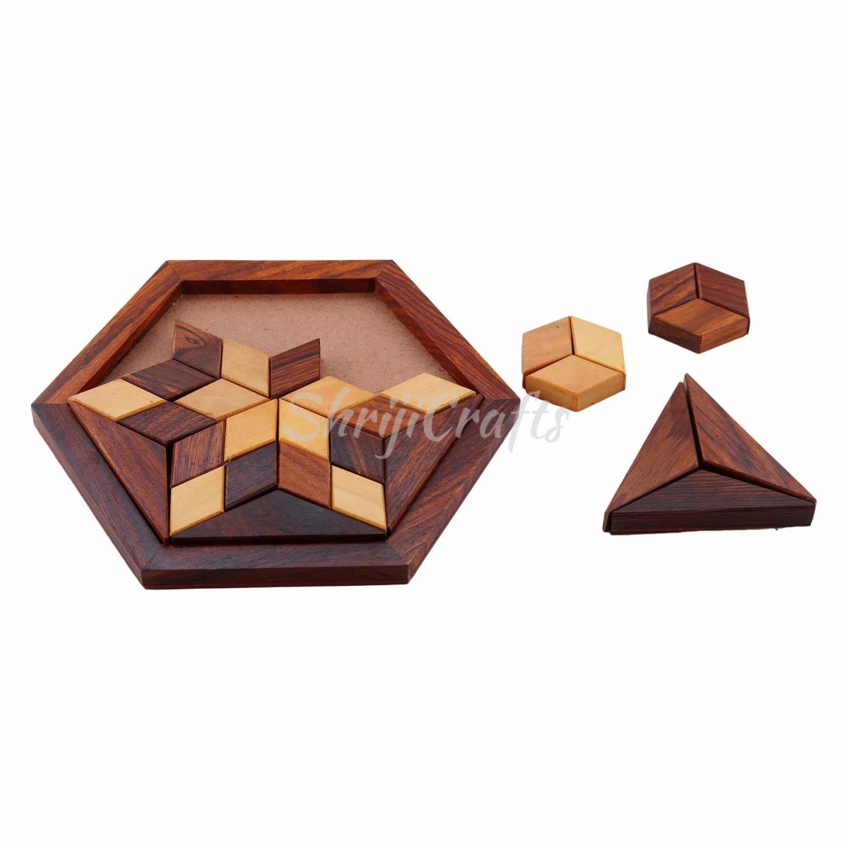 Handmade Hexagonal Wood Tangram Puzzle Game (6 - inch by 6 - inch) – Learning & Educational Toys on Brown Living™. SKU: 1015403. Img 3.