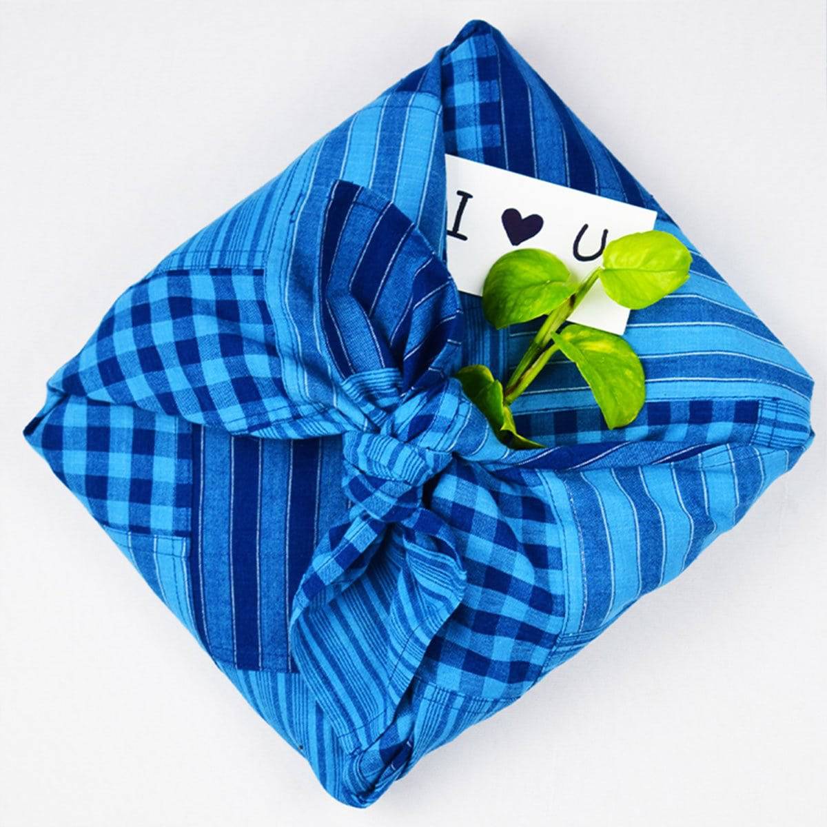 Indigo Bojagi Scarf & Gift Wrap Fabric – Gift Wrapping by Sonica Sarna available on Brown Living™. 26x26 . SKU: 274 - 14182 - SSD 216. Img 1.