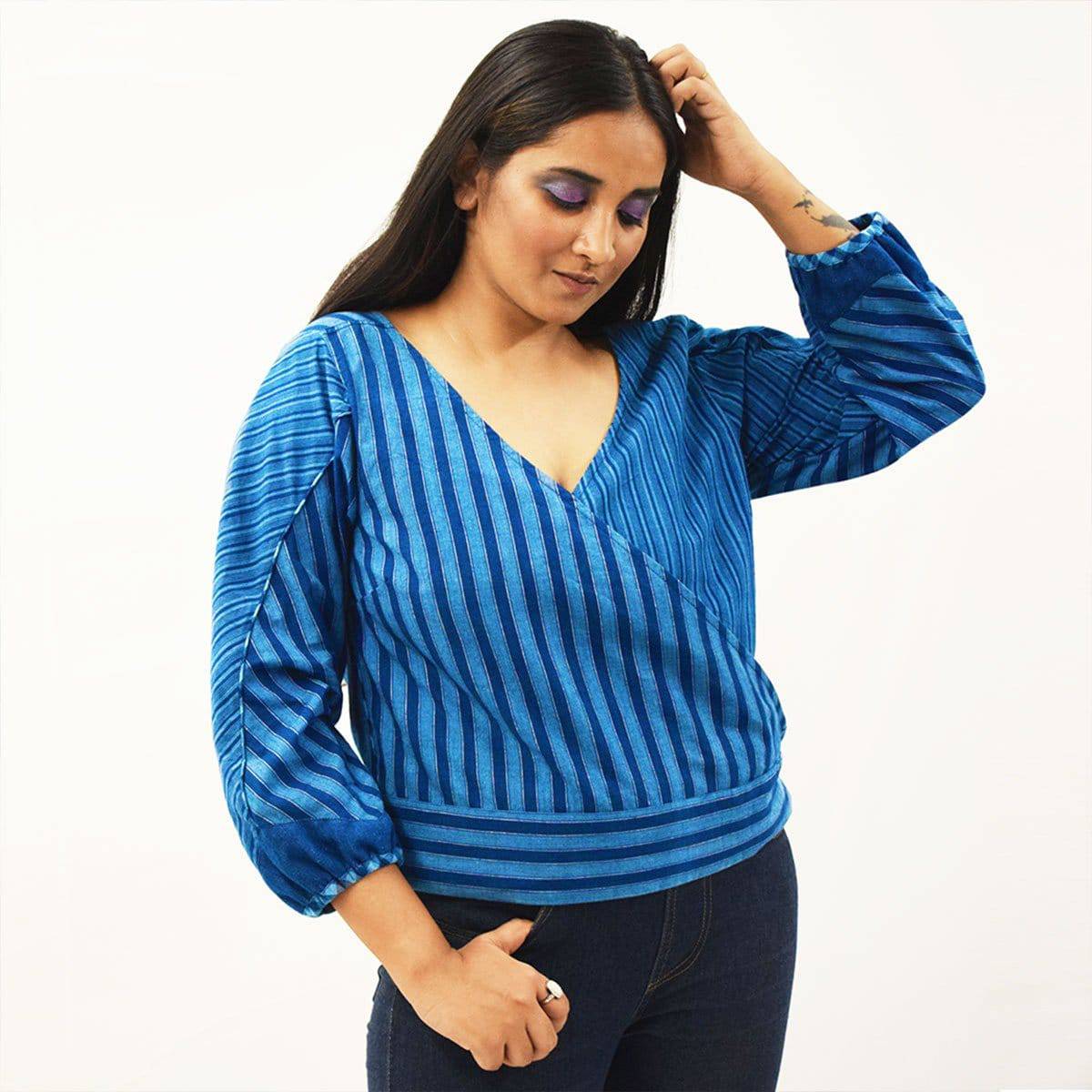 Indigo Handloom Wrap Top – Womens Top by Sonica Sarna available on Brown Living™. XS . SKU: 274 - 14243 - SSD - 156. Img 1.