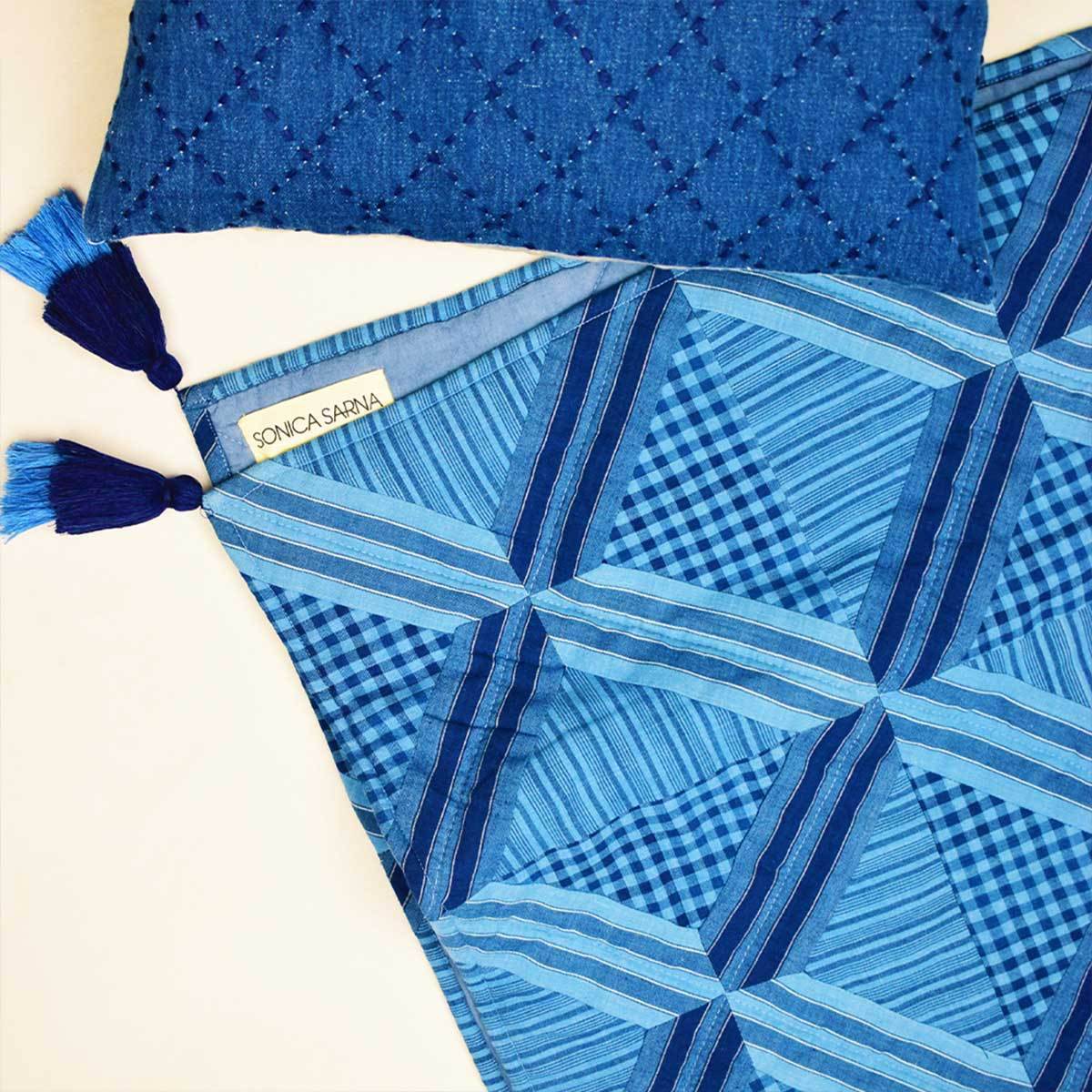 Indigo patchwork quilted throw – Bed Linens by Sonica Sarna available on Brown Living™. 38x 68 . SKU: 274 - 14188 - SSD - 217. Img 3.