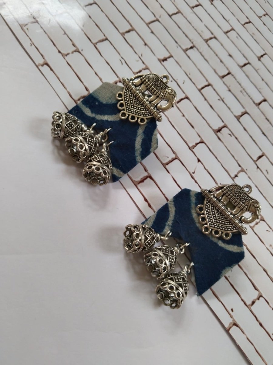 Blue printed fabric lotus charm jhumka earrings – Womens Earrings by The serene by Rainvas available on Brown Living™. . SKU: RVS - SER - EAR - 04_24BL7778. Img 1.