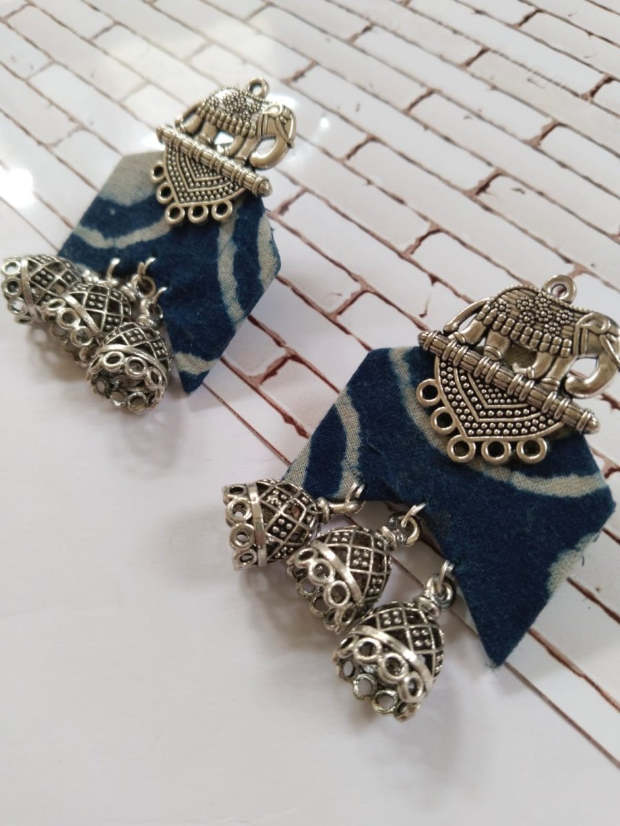 Blue printed fabric lotus charm jhumka earrings – Womens Earrings by The serene by Rainvas available on Brown Living™. . SKU: RVS - SER - EAR - 04_24BL7778. Img 3.