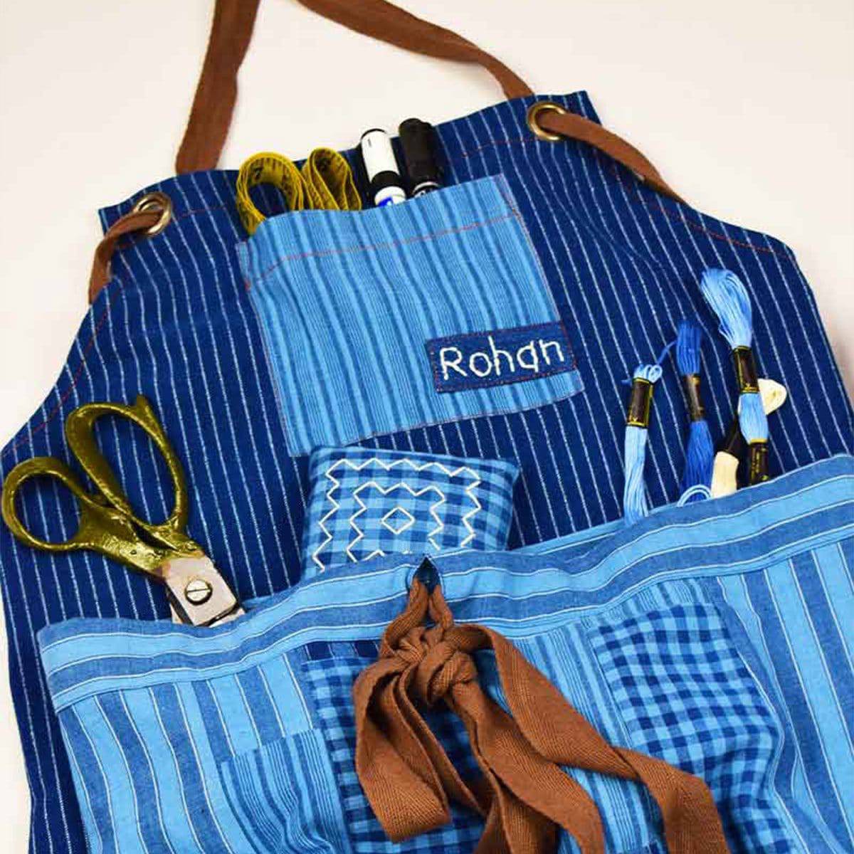 Indigo Unisex Apron Light + Detachable Pouch – Kitchen Linens by Sonica Sarna available on Brown Living™. 27 x 32 . SKU: 274 - 14168 - SSD - 212. Img 4.