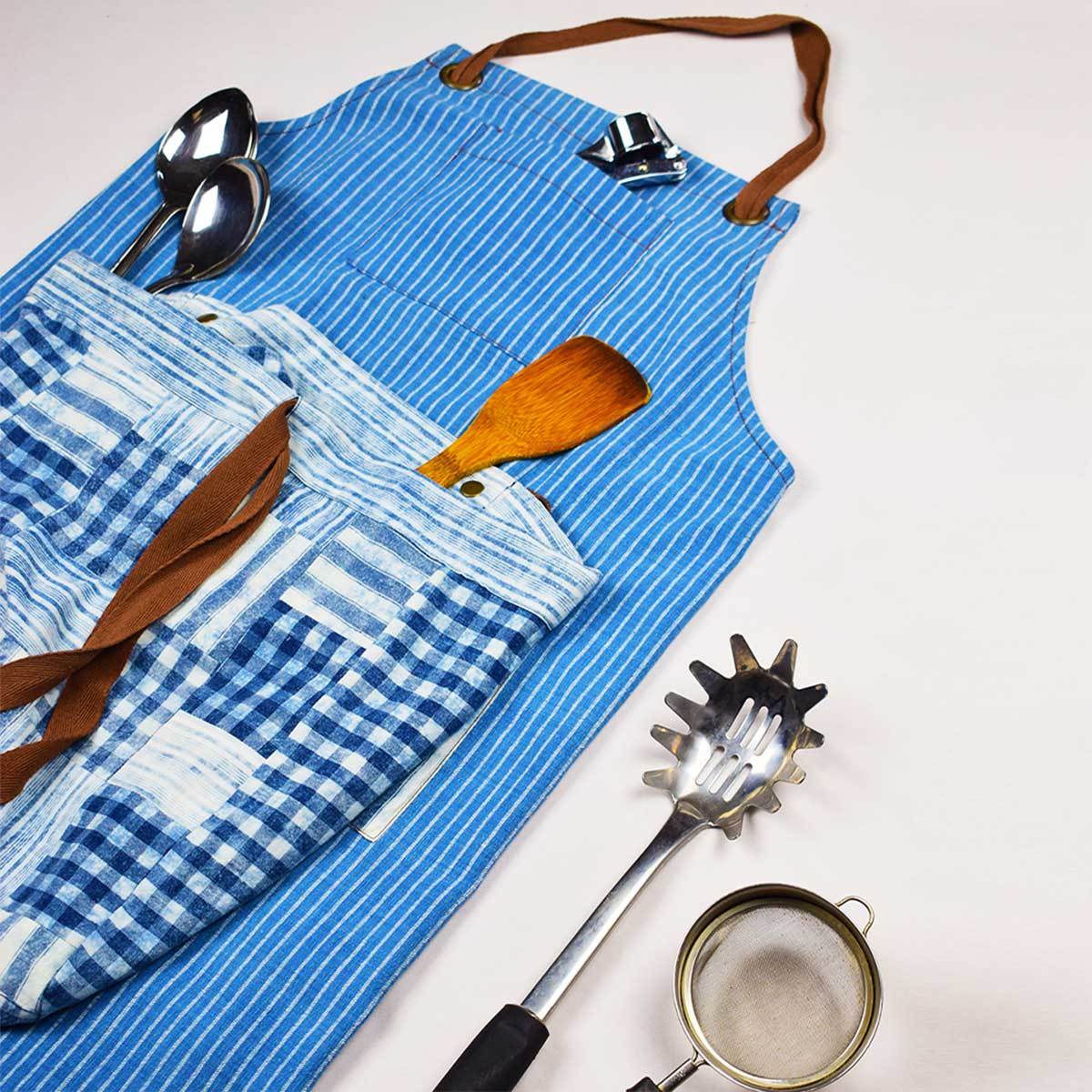 Indigo Unisex Apron Light + Detachable Pouch – Kitchen Linens by Sonica Sarna available on Brown Living™. 27 x 32 . SKU: 274 - 14168 - SSD - 212. Img 2.