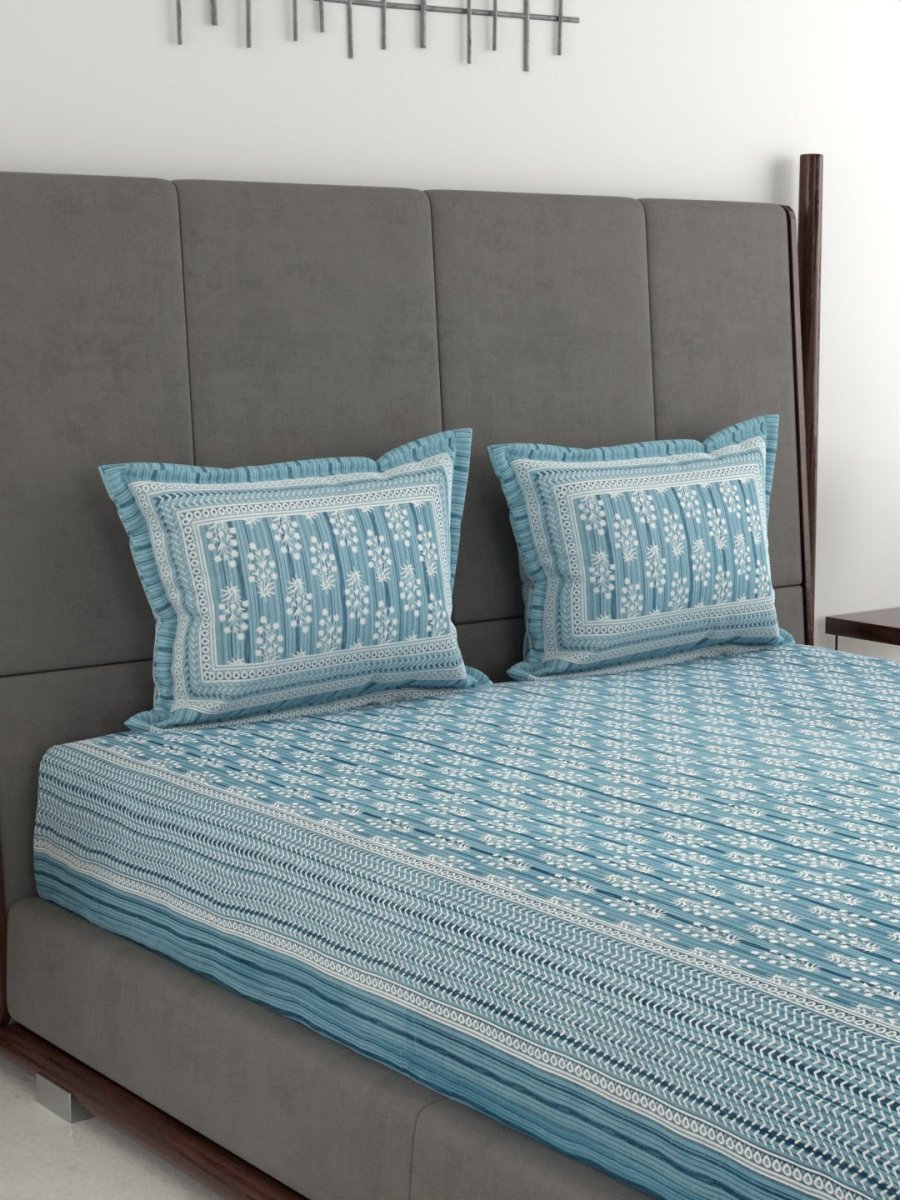 Jaipuri Hand Printed King Size Cotton Bedsheet with Pillow Covers - Blue | Verified Sustainable by Brown Living™