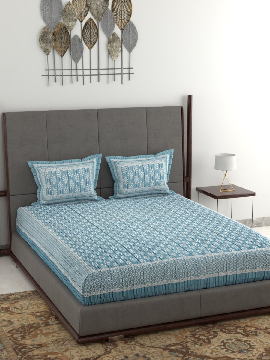 Jaipuri Hand Printed King Size Cotton Bedsheet with Pillow Covers - Blue | Verified Sustainable by Brown Living™