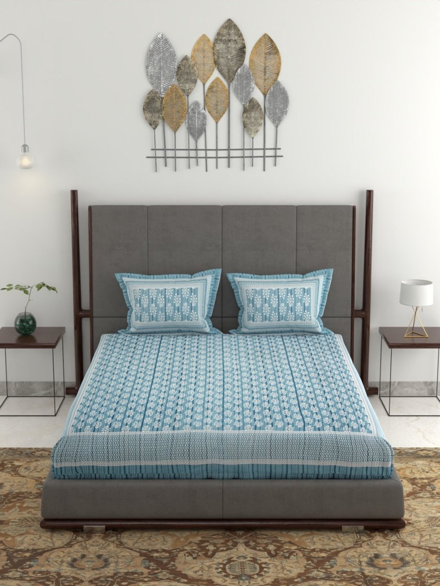 Jaipuri Hand Printed King Size Cotton Bedsheet with Pillow Covers - Blue | Verified Sustainable by Brown Living™