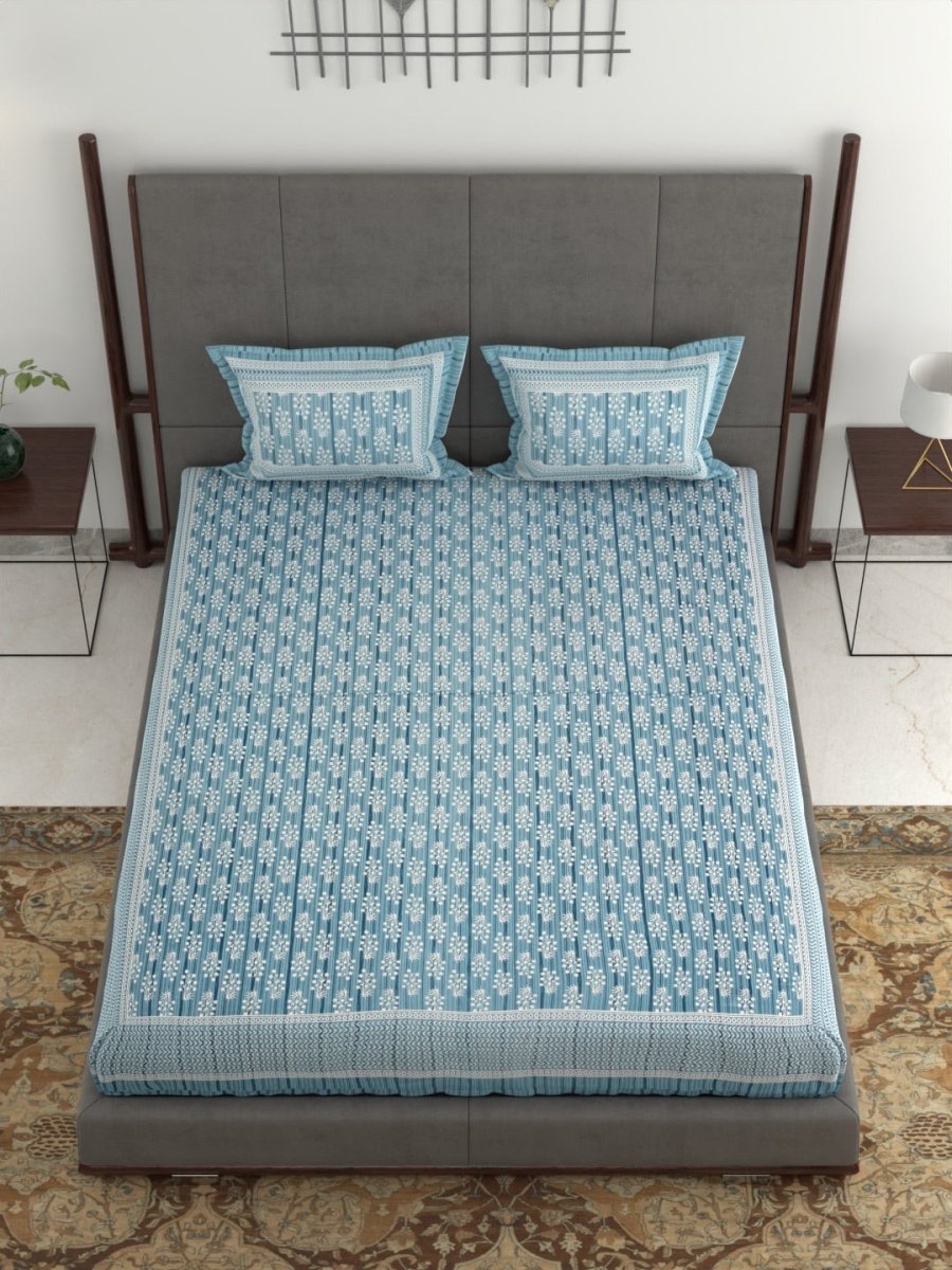 Jaipuri Hand Printed King Size Cotton Bedsheet with Pillow Covers - Blue | Verified Sustainable by Brown Living™