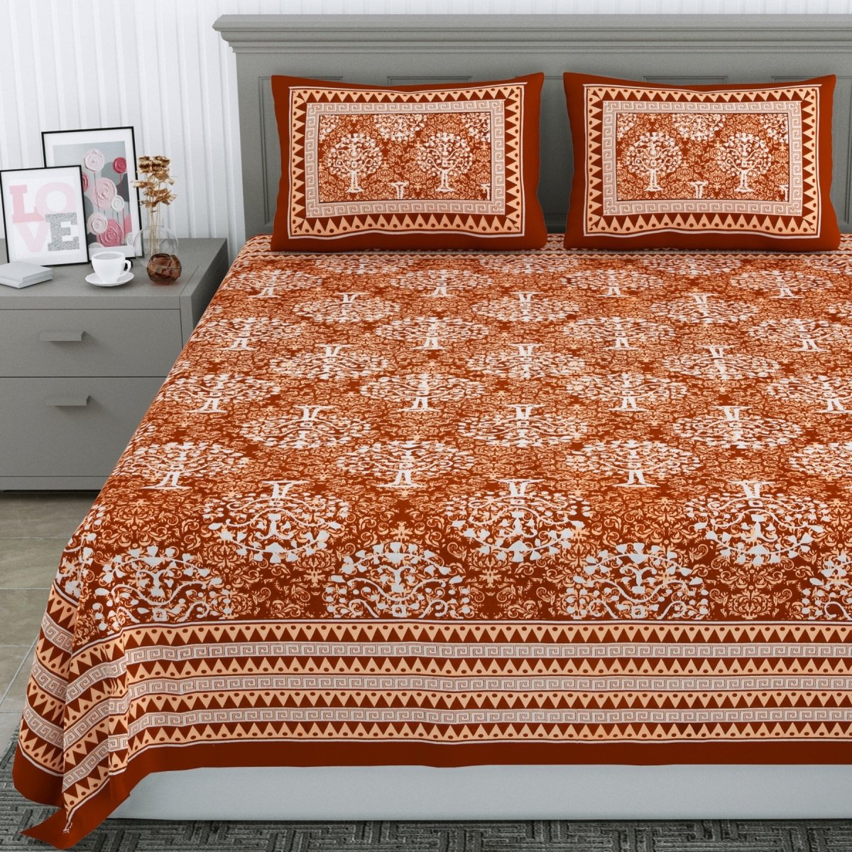 Jaipuri Hand Printed Queen Size Cotton Orange Bedsheet with Pillow Covers | Verified Sustainable by Brown Living™