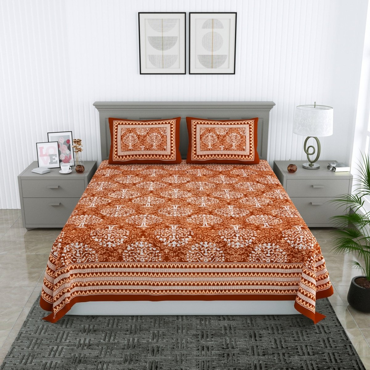 Jaipuri Hand Printed Queen Size Cotton Orange Bedsheet with Pillow Covers | Verified Sustainable by Brown Living™