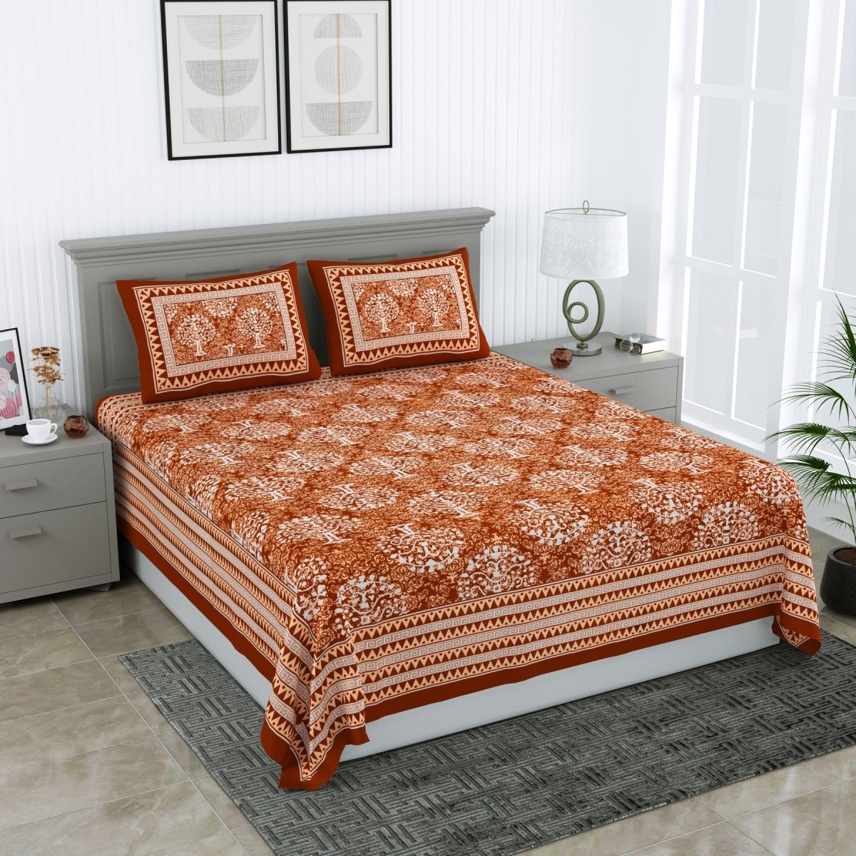 Jaipuri Hand Printed Queen Size Cotton Orange Bedsheet with Pillow Covers | Verified Sustainable by Brown Living™