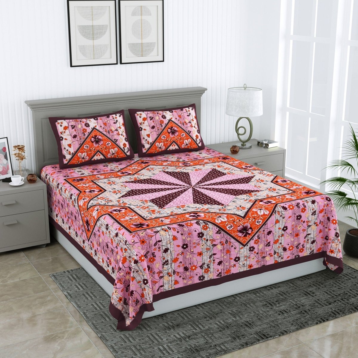 Jaipuri Hand Printed Queen Size Cotton Orange Bedsheet with Pillow Covers | Verified Sustainable by Brown Living™