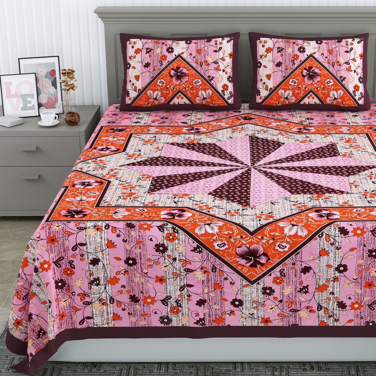 Jaipuri Hand Printed Queen Size Cotton Orange Bedsheet with Pillow Covers | Verified Sustainable by Brown Living™
