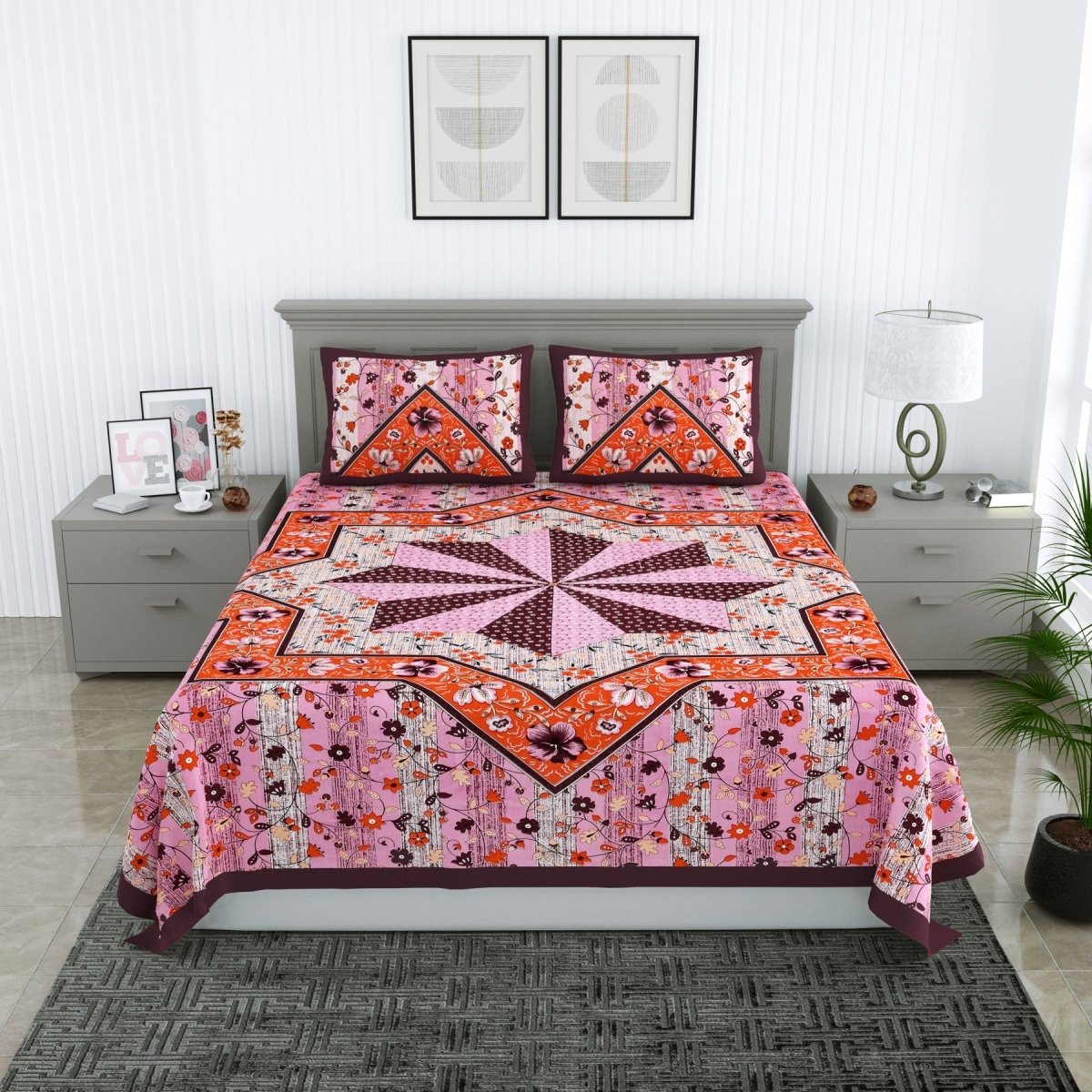 Jaipuri Hand Printed Queen Size Cotton Orange Bedsheet with Pillow Covers | Verified Sustainable by Brown Living™