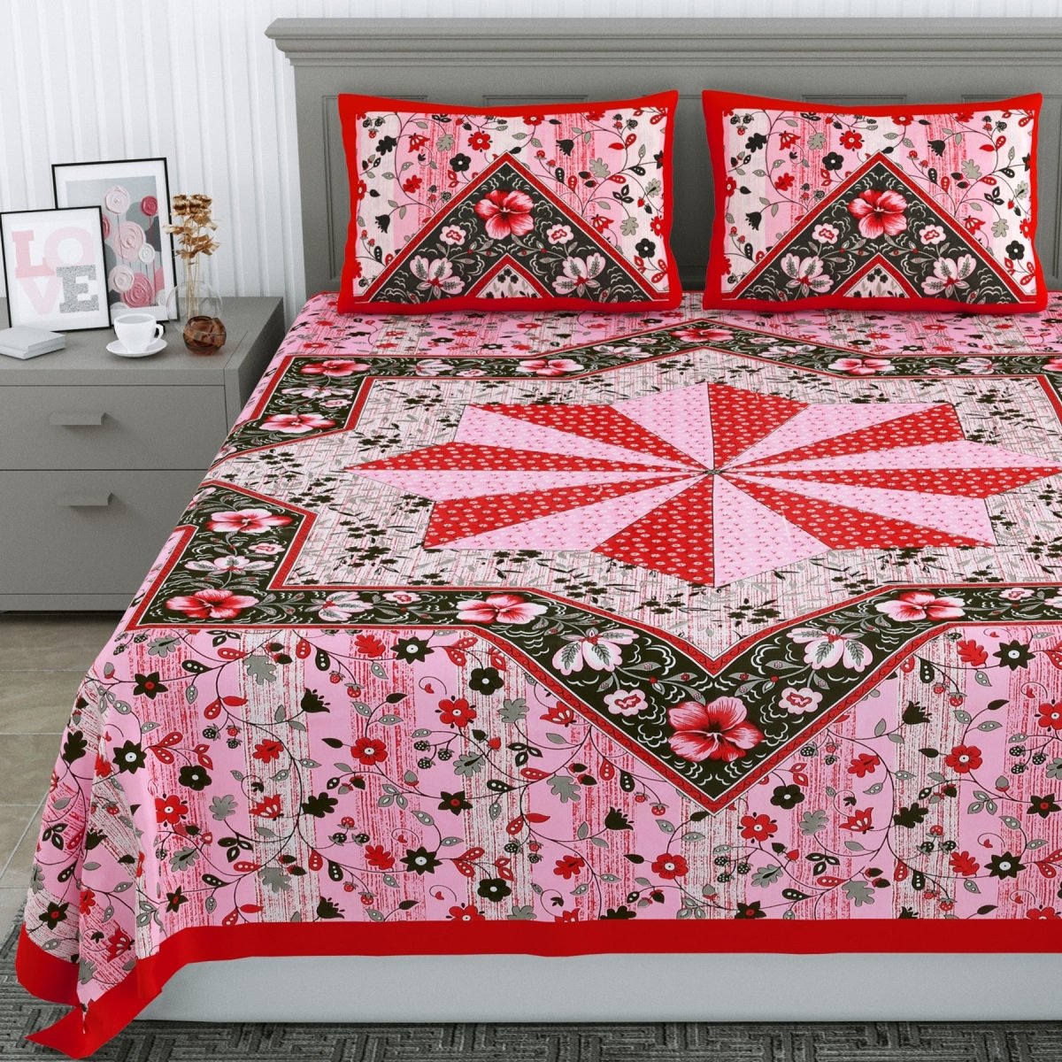 Jaipuri Hand Printed Queen Size Cotton Bedsheet with Pillow Covers | Verified Sustainable by Brown Living™