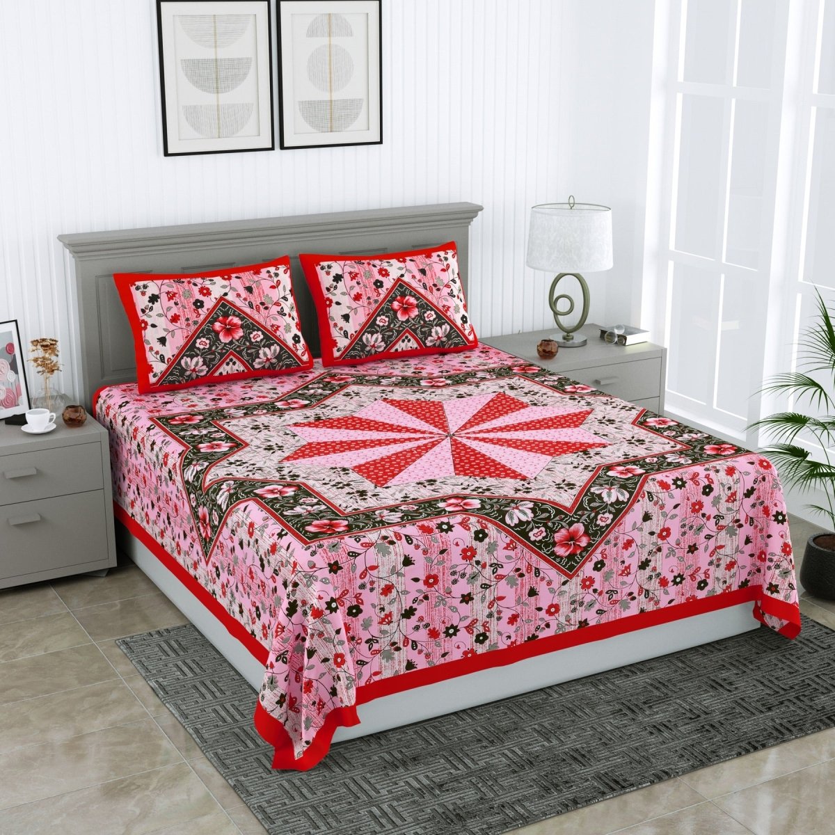 Jaipuri Hand Printed Queen Size Cotton Bedsheet with Pillow Covers | Verified Sustainable by Brown Living™