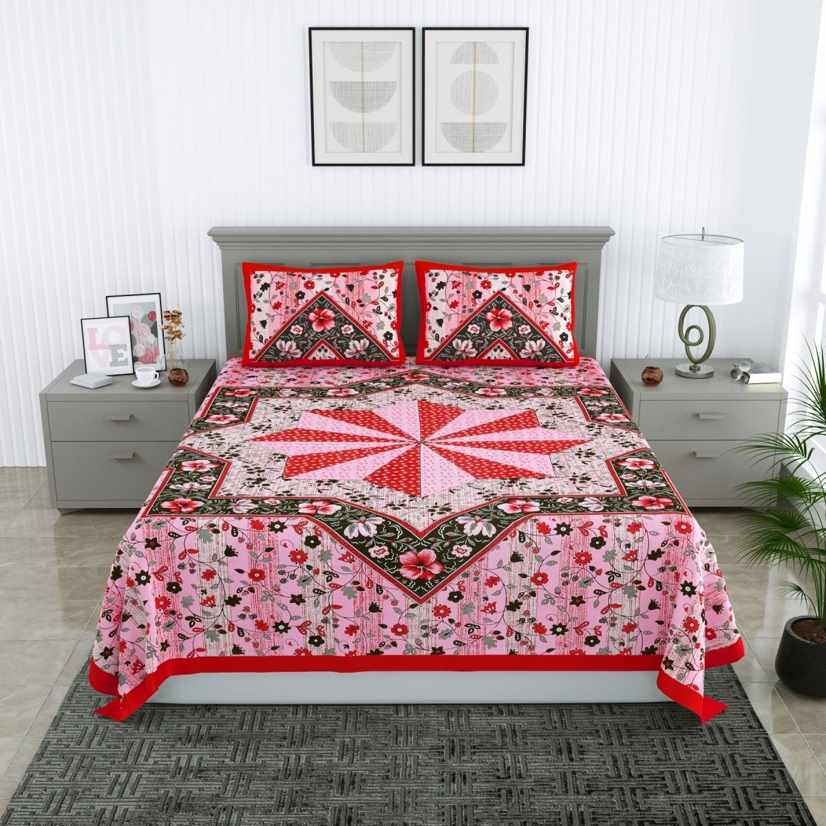 Jaipuri Hand Printed Queen Size Cotton Bedsheet with Pillow Covers | Verified Sustainable by Brown Living™