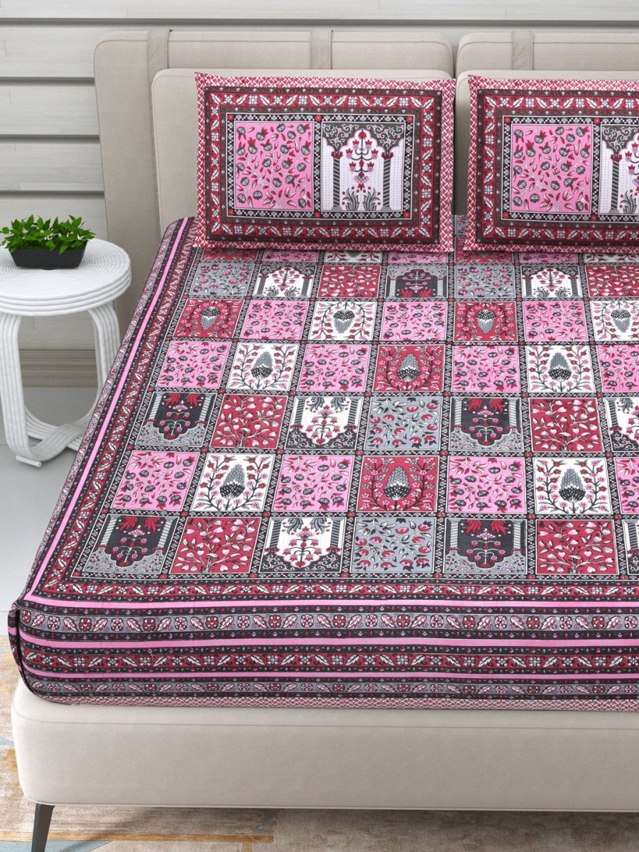 Jaipuri Hand Printed Queen Size Cotton Purple Bedding Set - 612 | Verified Sustainable by Brown Living™