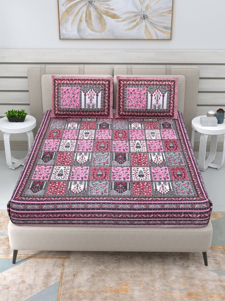 Jaipuri Hand Printed Queen Size Cotton Purple Bedding Set - 612 | Verified Sustainable by Brown Living™