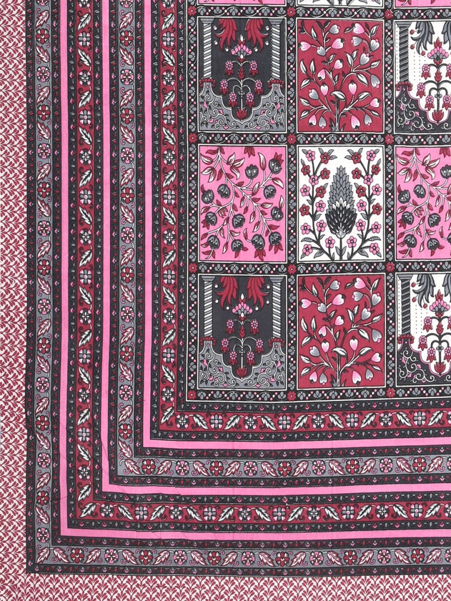 Jaipuri Hand Printed Queen Size Cotton Purple Bedding Set - 612 | Verified Sustainable by Brown Living™