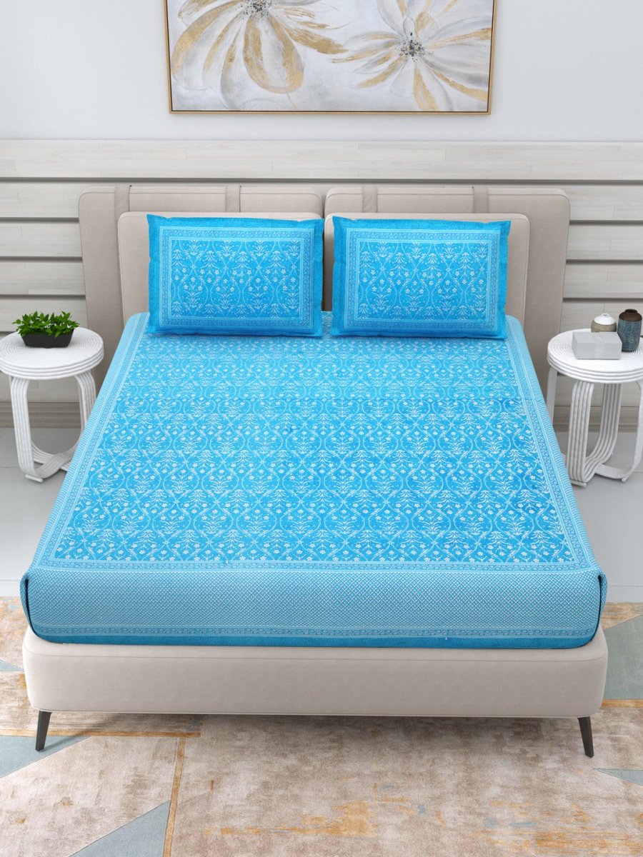 Jaipuri Hand Printed Queen Size Cotton Sea Blue Bedding Set | Verified Sustainable by Brown Living™
