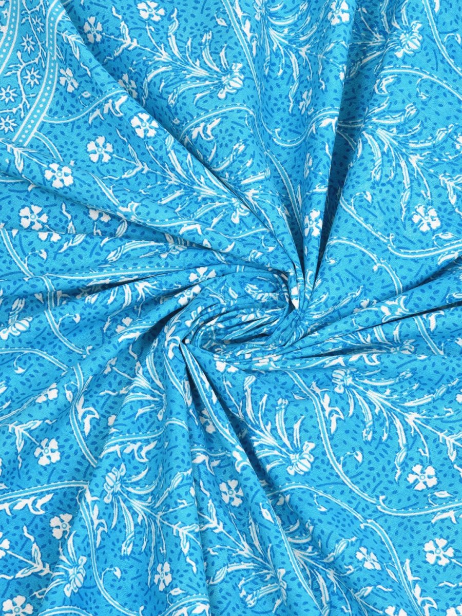 Jaipuri Hand Printed Queen Size Cotton Sea Blue Bedding Set | Verified Sustainable by Brown Living™
