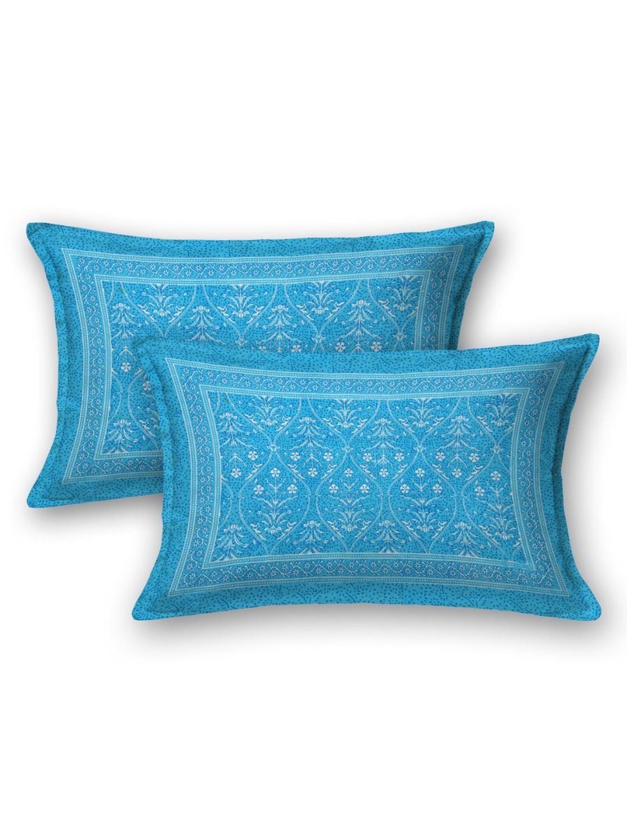 Jaipuri Hand Printed Queen Size Cotton Sea Blue Bedding Set | Verified Sustainable by Brown Living™