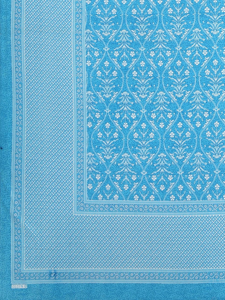 Jaipuri Hand Printed Queen Size Cotton Sea Blue Bedding Set | Verified Sustainable by Brown Living™