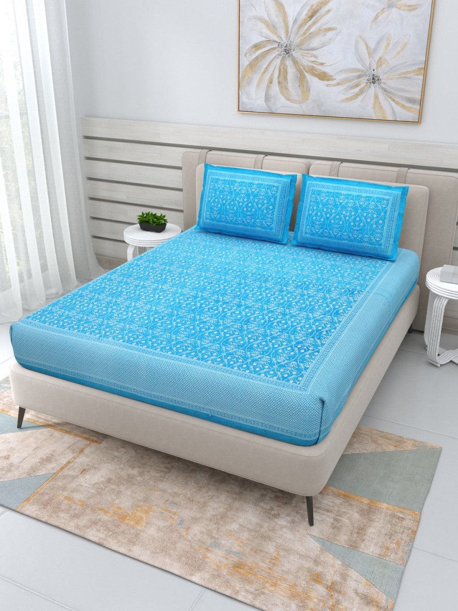 Jaipuri Hand Printed Queen Size Cotton Sea Blue Bedding Set | Verified Sustainable by Brown Living™