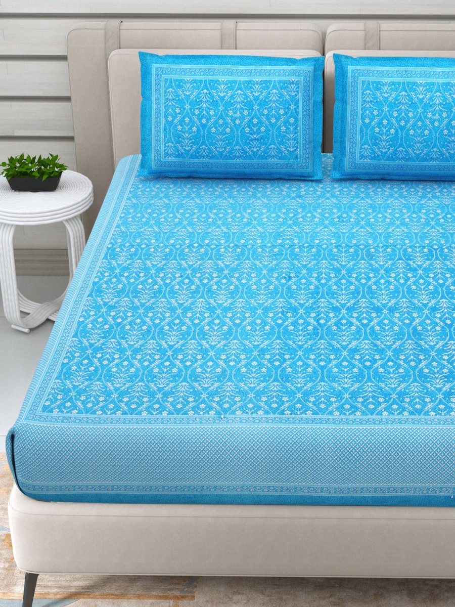 Jaipuri Hand Printed Queen Size Cotton Sea Blue Bedding Set | Verified Sustainable by Brown Living™