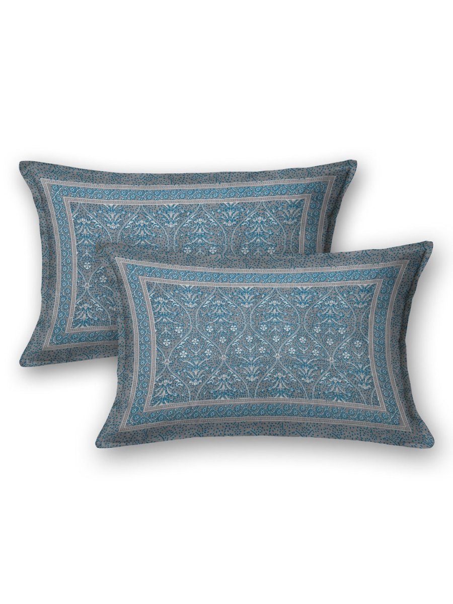 Jaipuri Hand Printed Queen Size Cotton Light Blue Bedding Set | Verified Sustainable by Brown Living™