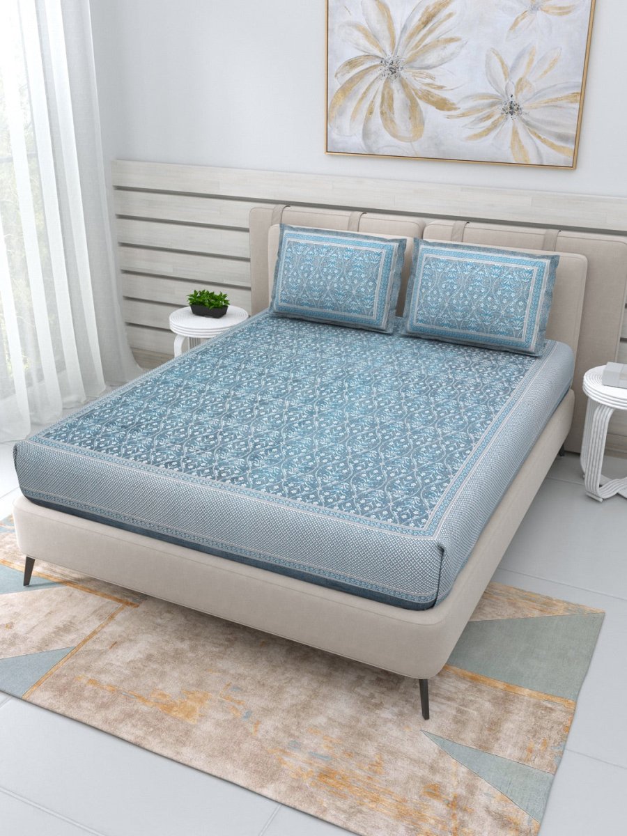 Jaipuri Hand Printed Queen Size Cotton Light Blue Bedding Set | Verified Sustainable by Brown Living™