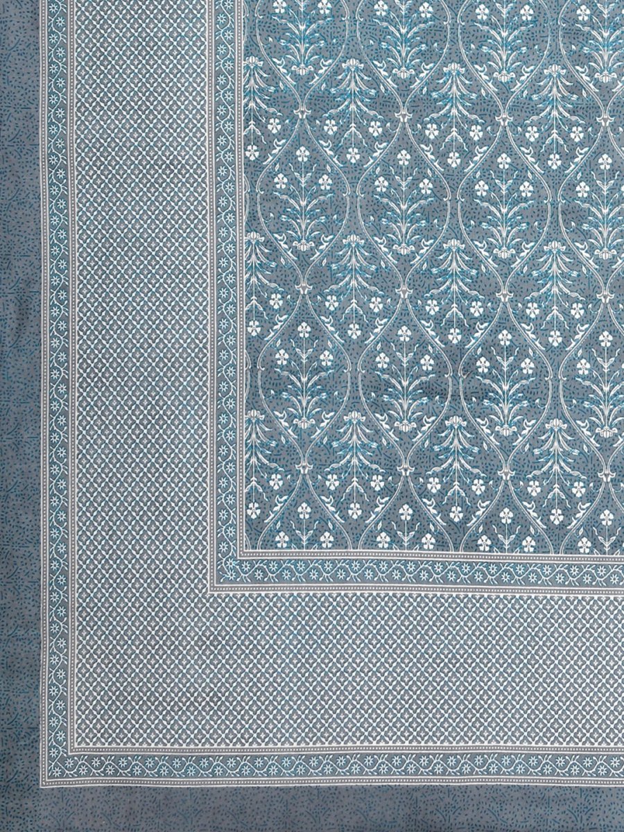 Jaipuri Hand Printed Queen Size Cotton Light Blue Bedding Set | Verified Sustainable by Brown Living™