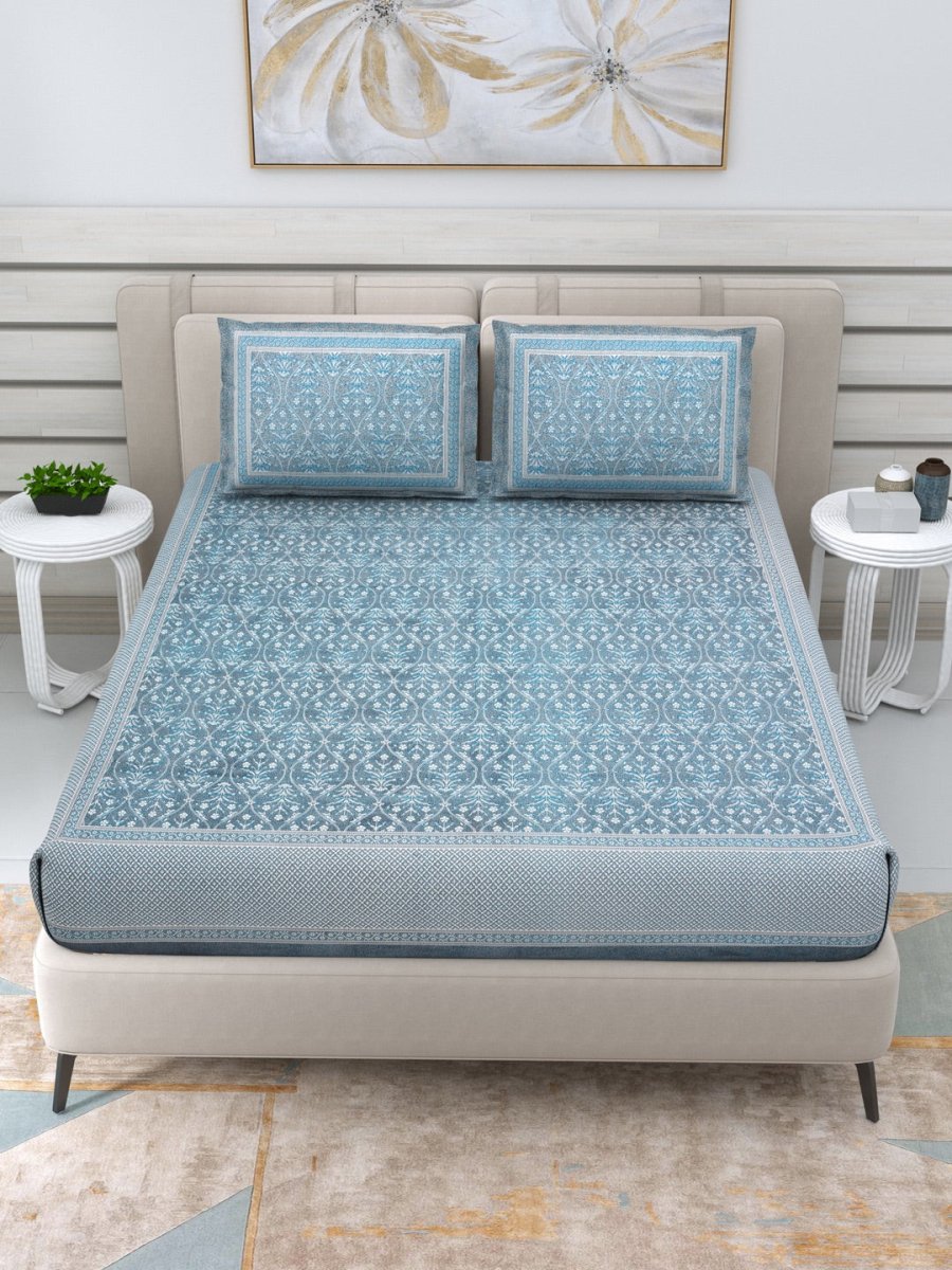 Jaipuri Hand Printed Queen Size Cotton Light Blue Bedding Set | Verified Sustainable by Brown Living™